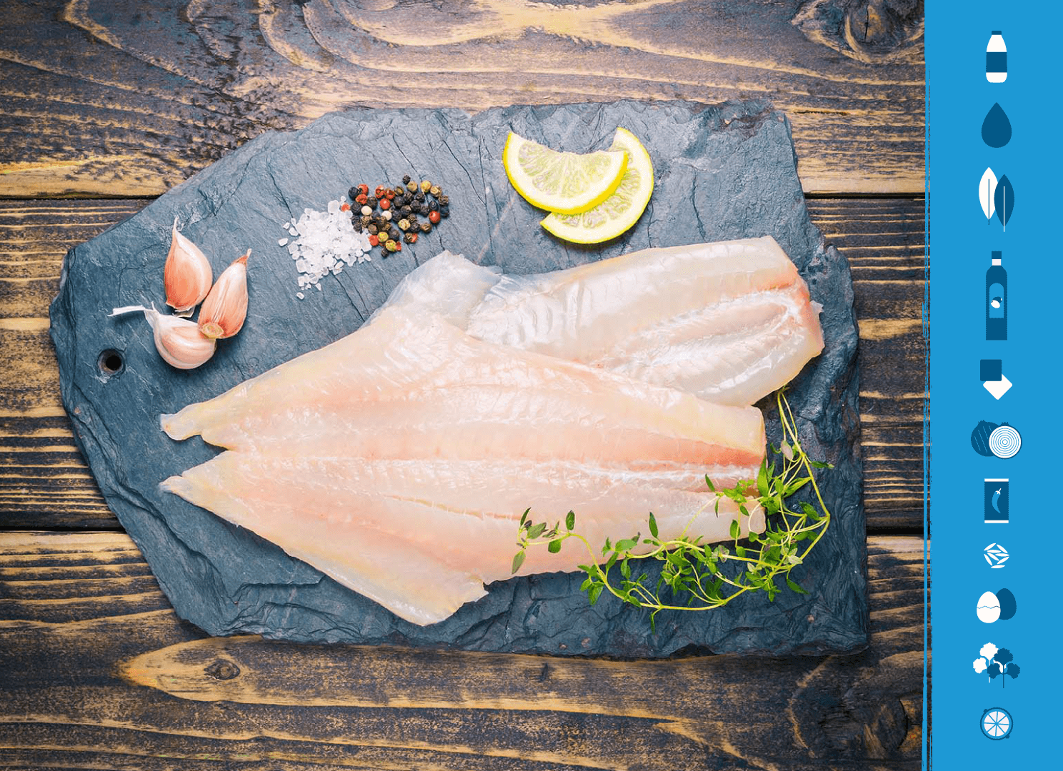 Haddock fillets on a slate background next to illustrations of the ingredients needed to make Kedgeree