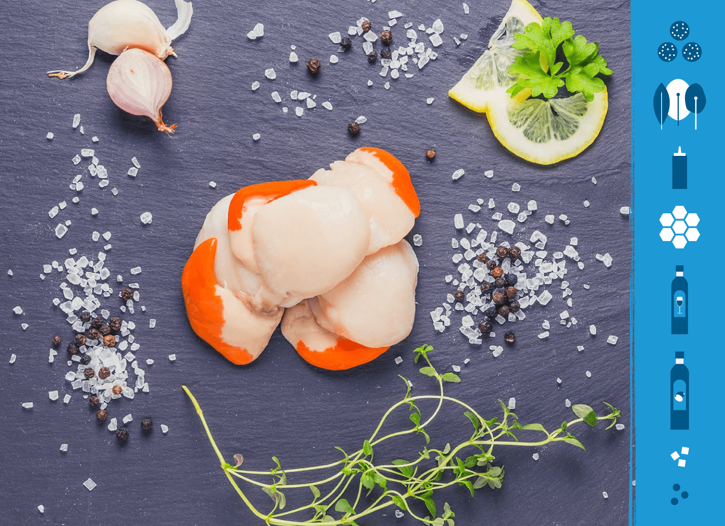 Scallops on a slate background next to illustrations of the ingredients needed to make scallops and black pudding